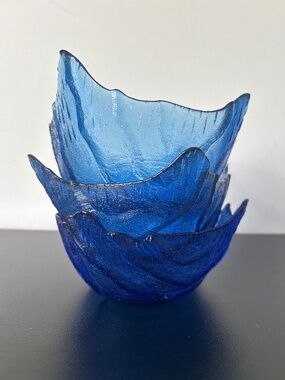 Vintage Viking Cobalt Blue Glass Sculptural Bowls Spiked Leaf Design Set of 3